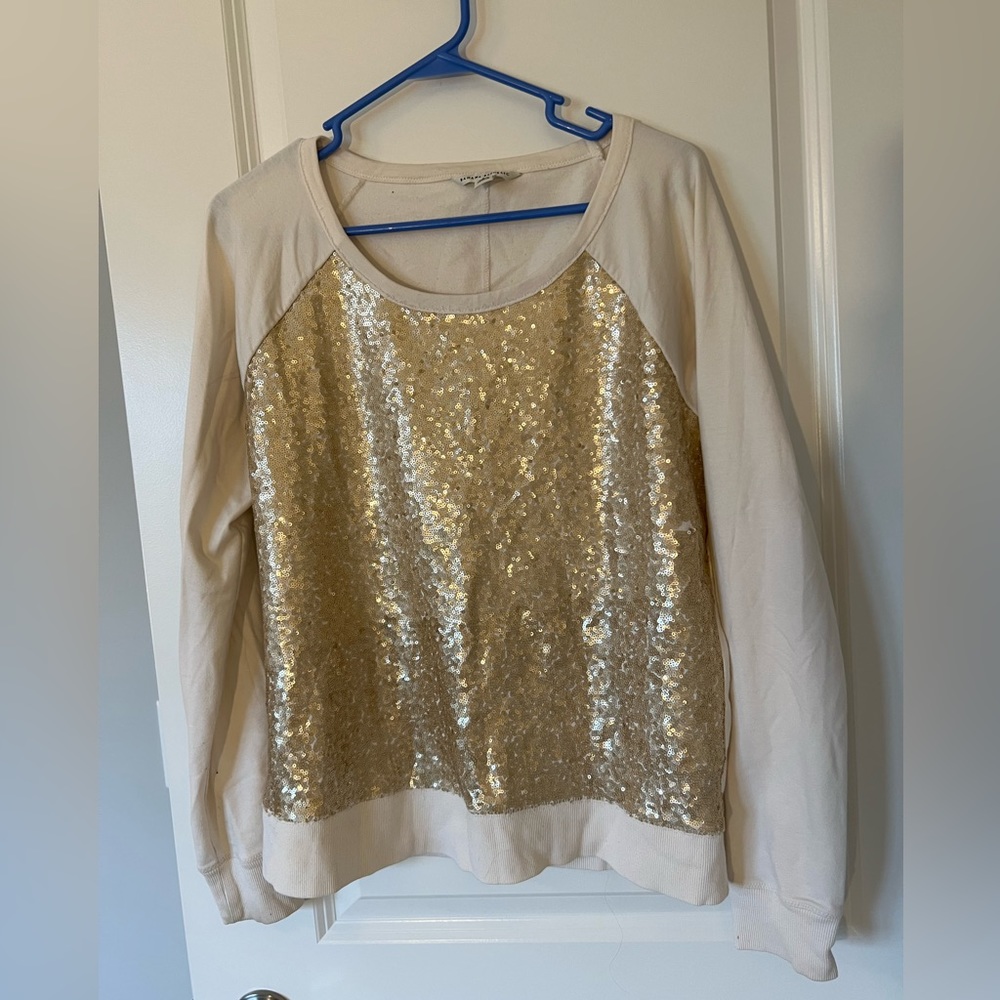 Banana Republic Gold Sequin Cream Long-Sleeve Shirt STRETCH L